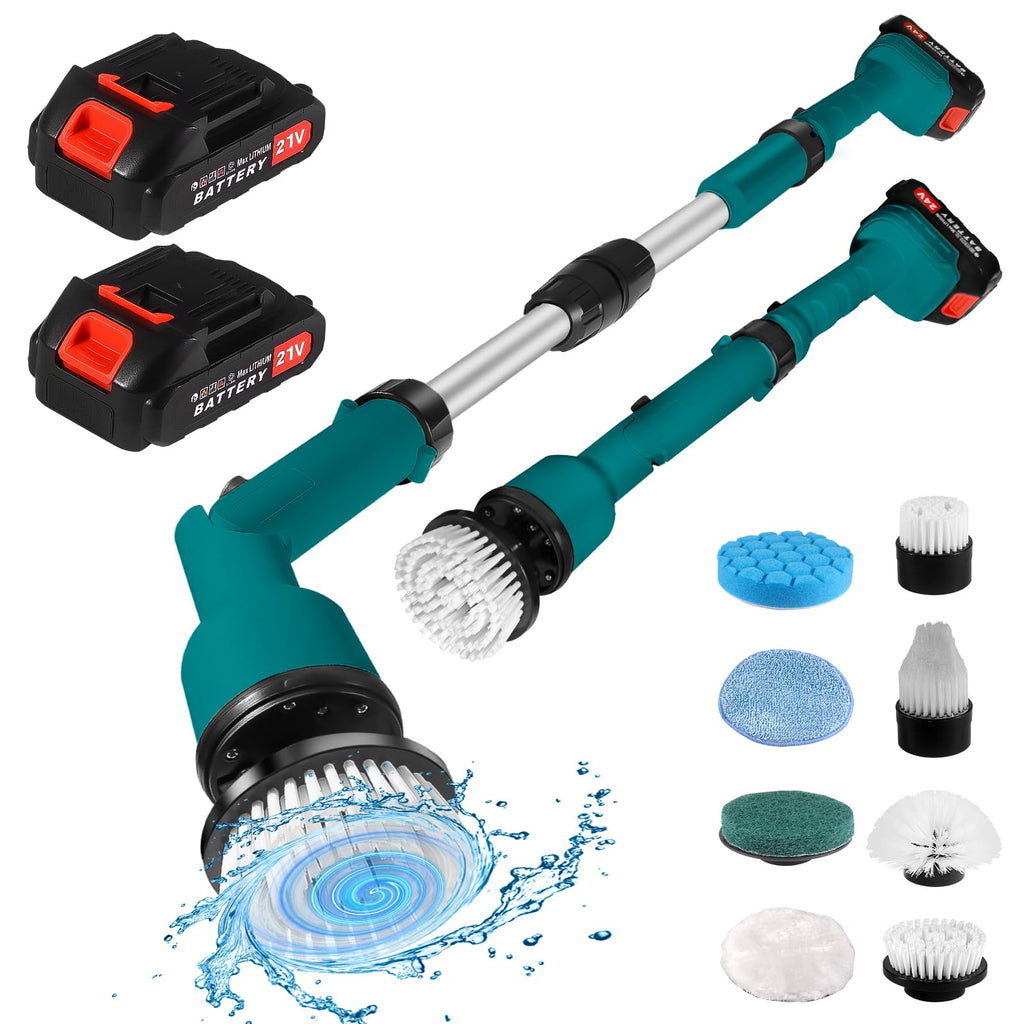 Electric Spin Scrubber with Two Batteries-1200 RPM High Power Cordless Shower Scrubber for Cleaning with Charger8 Replacement Heads3 Adjustable Extension Handle for/Bathroom/Tub/Tile/Floor/Kitchen
